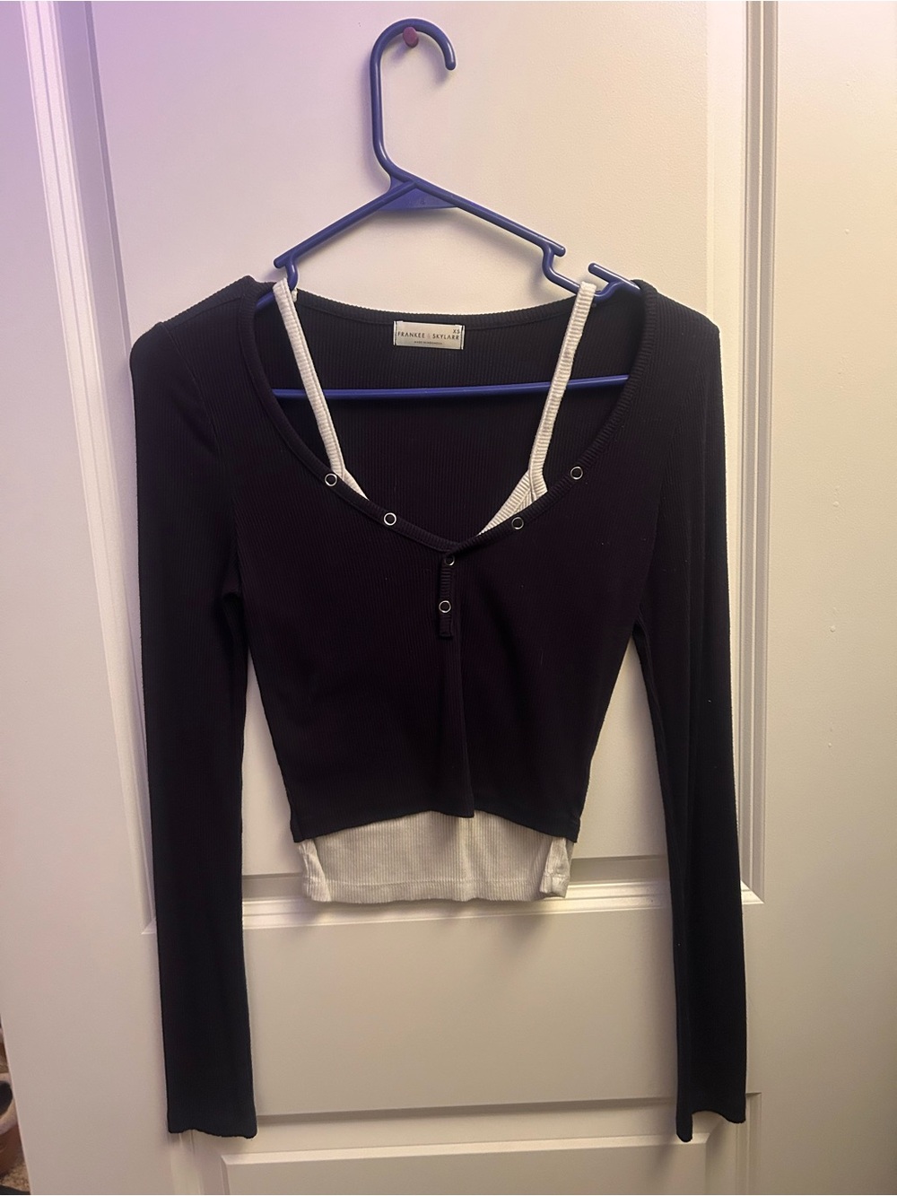 Navy blue Layered Rib-Knit Long Sleeve Top